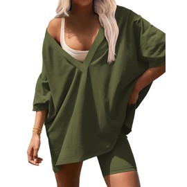 Ekouaer Womens 2 Piece Lounge Set 2025 Summer Outfits Oversized V Neck Tshirts Biker Short Comfy Airport Loungewear Army Green, Large