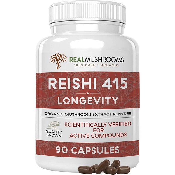 Real Mushrooms Reishi Mushroom Capsules for Longevity (90ct) Vegan, Non-GMO Reishi Extract, Reishi Mushroom Supplement for Relaxation, Better Sleep, Overall Wellness, Also Safe for Pets
