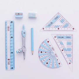 Danse Jupe 8 Pcs Geometry Set with Compass, Set Squares, Ruler, Protractor, Pencil, Eraser, Pencil Sharpener for School Students(Iron Box Set, Blue)