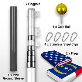G128 Combo Pack: 20 Ft Telescoping Aluminum Flagpole (Silver) & American and North Carolina Flags 3x5 Ft, Both ToughWeave Series Embroidered Polyester | Pole with Flags Included