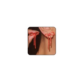 Silver Bow Earrings for Women Trendy Silver Rhinestone Earrings Dangling Silver Sparkly Dangle Bow Earrings for Women Wedding Earrings for Brides Bow Jewelry (Red)