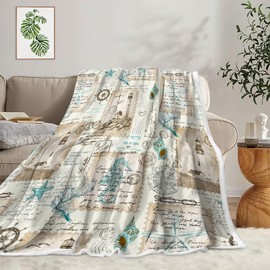 Nautical Coastal Throw Blanket, Ocean Lighthouse Beach Themed Super Soft Flannel Throw Blanket, Starfish and Seashells Vintage Beige Sea Couch Sofa Bed Camping Travel Picnic Outdoor Blanket, 50X60IN