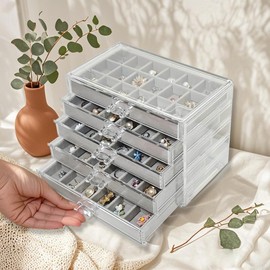 HOUKANWE Acrylic Earring Holder Organizer with 5 Drawers Clear Earring Organizer Box with 90 Adjustable Grids Velvet Earring Display Case Jewelry Organizer for Earrings Rings Studs (Grey)