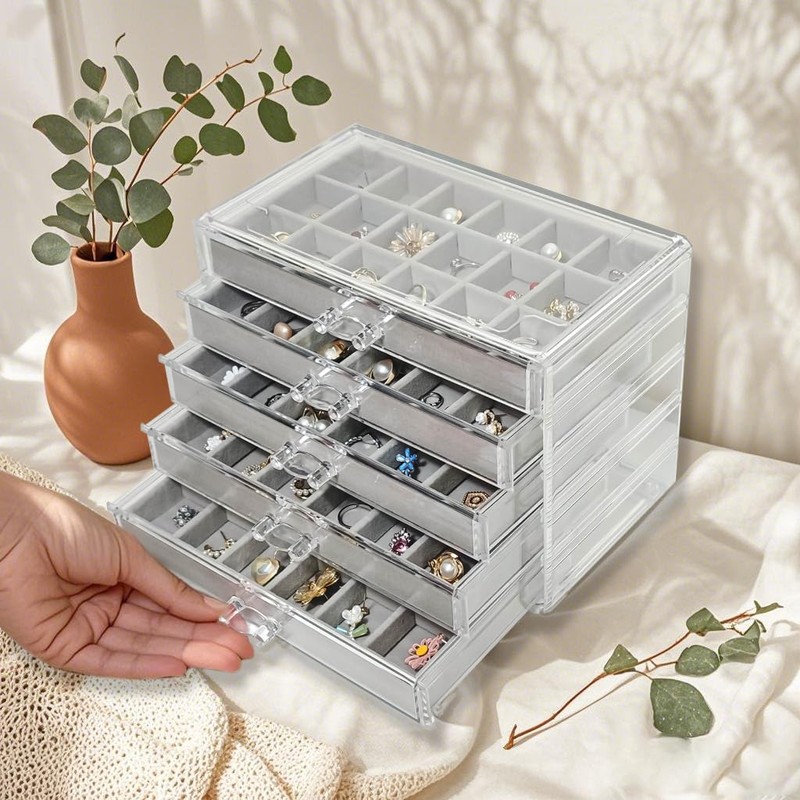 HOUKANWE Acrylic Earring Holder Organizer with 5 Drawers Clear Earring