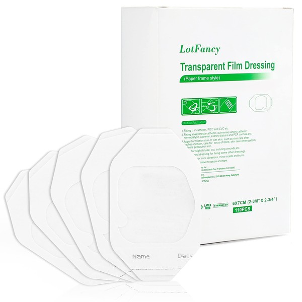 LotFancy Transparent Film Dressing, 2.37" x 2.75", 110PCS, Waterproof Wound Cover Bandage, Adhesive Tape Pads for Tattoo Aftercare, IV Catheters, Post-Surgical, Medical Appliance
