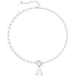 Initial Pearl Necklace for Women, 14K White Gold Plated Paperclip Link Chain Necklace Toggle Clasp Necklace Initial Pearl Chain Necklaces for Women Letter A