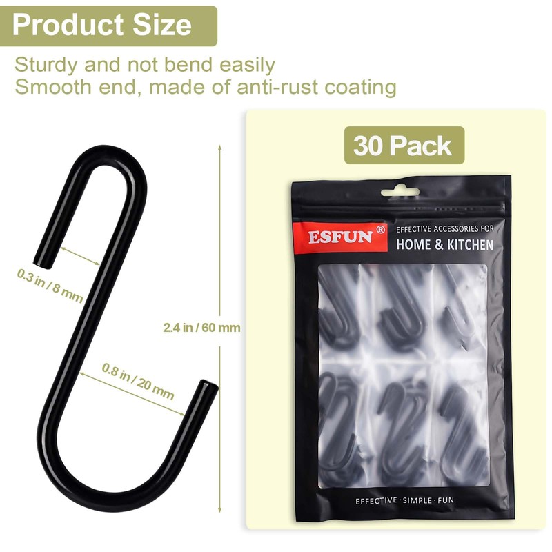 ESFUN 30 Pack Heavy Duty S Hooks for Hanging, Black