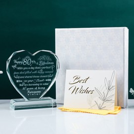 Ornalrist 80th Birthday Gifts for Women, Happy 80 Years Old Gifts Ideas for Female Grandma, Glass Love Heart Engraved Keepsake Presents for Her Wife