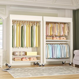 FUTASSI White Clothing Rack with Beige Cover, P1C Plus Rolling Closet with Wheels, Metal Garment Rack for Hanging Clothes, Clothing Storage Wardrobe, 46" W x 18.5" D x 80.7" H, Load 524 Pounds