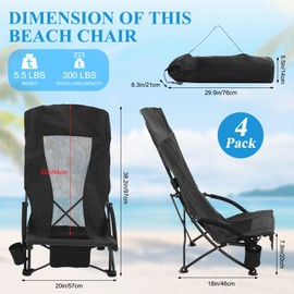4 Pack Beach Chair for Adult High Back Low Beach Chair Bulk Portable Folding Camping Chairs Lightweight Sand Chairs with Cup Holder Carry Bag for Outdoor Camping Beach Sand Concert