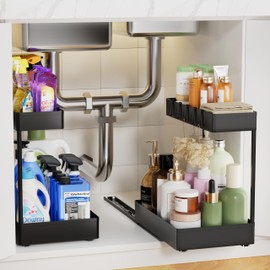 Creahaus 2 Pack Under Sink Organizer with Metal Slides, 2-Tier Kitchen Bathroom Organizers and Storage, Pull Out Cabinet Organizer for Bathroom Sink, Kitchen Sink Organizer