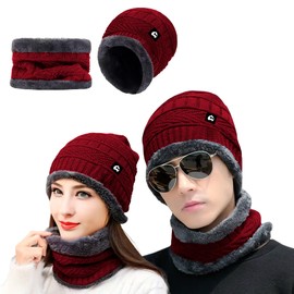 Bluelander Gorros para Invierno con Bufanda Hombre y Mujer, Conjunto de Bufanda con Gorro, Forro de Lana, A Prueba de Viento, Invierno (MX/US, Alfa, Talla única, Rojo - 2 Piezas)