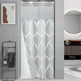 Yiatn No Hook Grey Small Stall Shower Curtain with Snap in Fabric Liner Set - Hotel Style with See Through Mesh Top Window, Modern Geometric Waterdrop Design,Waterproof and Washable, 36x74 INCH