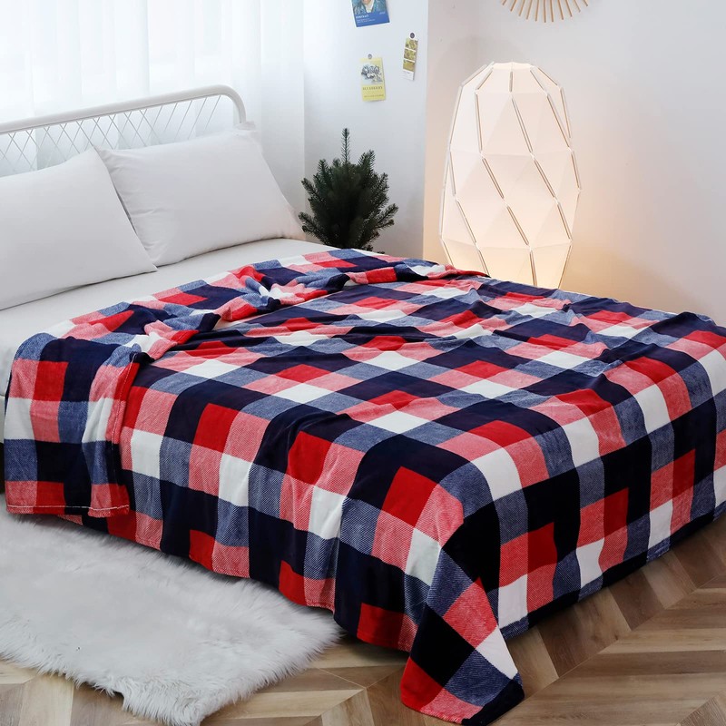 SOCHOW Flannel Fleece Blanket 127cm×150cm, All Season Plaid Red/Blue Blanket