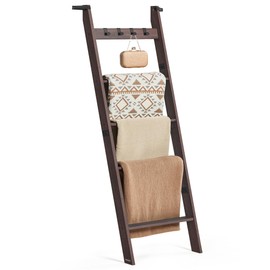 VASAGLE Blanket Ladder, 5-Tier Ladder Shelf, Ladder Rack for Storage and Decor, Towel Ladder with 4 Removable Hooks, Decorative Farmhouse for The Living Room, Bedroom, Maroon Brown ULLS028K01