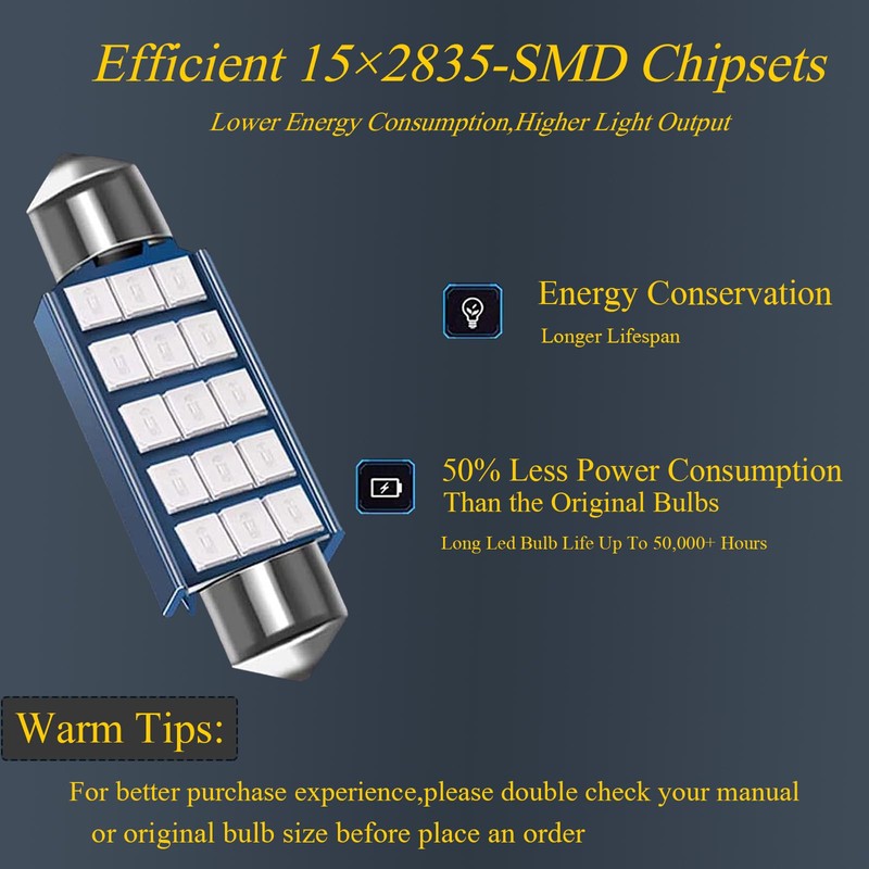 GKmow Pack-2 578 LED Extremely Bright Bulbs, 1.59" 6500K 2835
