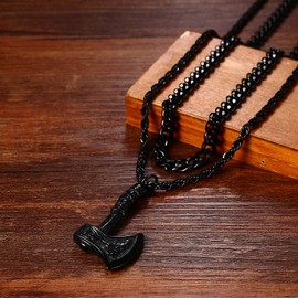 Cupimatch Men's Necklaces Stainless Steel Chain Gold Silver Black Viking Necklace with Axe Pendant 2-Piece Layered Chain Viking Jewellery for Men Boys, Stainless Steel