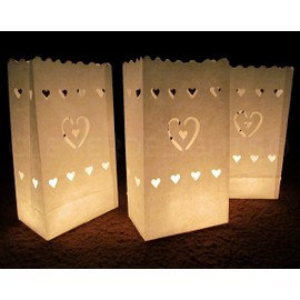 CleverDelights White Luminary Bags - 20 Count - Center Heart Design - Wedding Party Christmas Holiday Luminaria
