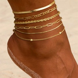 DEARMAY Gold Anklets for Women Waterproof 14K Gold Plated Ankle Bracelets for Women Trendy Layered Cuban Link Chain Herringbone Cute Anklets Summer Beach Jewelry Fashion Gift for Women Teen