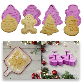 Mini 3D Christmas Cookie Cutters Set, Christmas Holiday Fondant Biscuit Pastry Cookie Cutter Stamp, Xmas Spring-loaded Handle Cutter Shape with Santa, Christmas Tree, Bell, Gingerbread Man (4 PCS)