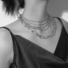 MOKAVIKY 25 Punk Chunky Necklaces for women Silver Chain Goth Layered Necklace (Silver)