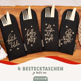 Papierdrachen Set 03 Set of 4 Black Gold Cutlery Bags for Christmas Table Felt with High-Quality Embroidery