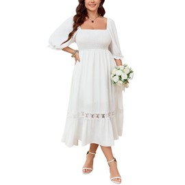 SCOMCHIC Women's Plus Size Maxi Dress Short Sleeve Square Neck Smocked Flowy A-Line Lace Trim Boho Wedding Guest Dresses White
