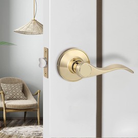 Gobrico 2Pack Wave-Style Closet and Hall Door Locksets Passage Levers in Polished Brass,Reversible Handles for Left Right Handed Doors