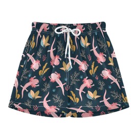 KOCOART Boy Swim Trunks with Compression Liner Size 7 Axolotl Kids Swim Shorts Quick Dry Dark Plain Bathing Suit with Boxer Brief Liner