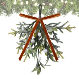 Seenelling Christmas Mistletoe Decor Kissing Artificial Mistletoe Ornament with Velvet Bows Pine Needles Berry 10 inch Christmas Hanging Decoration for Xmas Tree Doorway Party(Brown White)