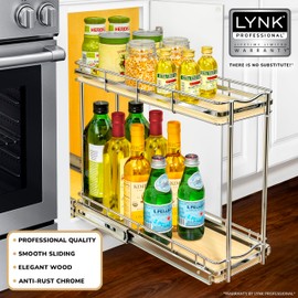 LYNK PROFESSIONAL® Élite™ Pull Out Spice Rack Organizer for Inside Kitchen Cabinets - 6"x21" - Slide Out Drawer – Wood/Chrome Sliding Spice Cabinet Organization Shelf Racks - 2 Tier