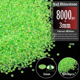 8000pcs 3mm Resin Rhinestones Bulk, Fluorescent Green AB Flatback Round Jelly Rhinestones Non Hotfix Crystal Gems Large Quantity Wholesale for DIY Crafts Clothes Face Makeup Manicure