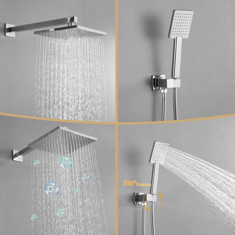BWE Chrome Shower Faucet Set,Rainfall Shower Head with Handheld Shower,Two