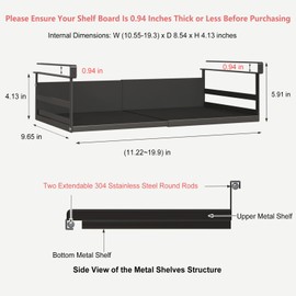 SHINEWON Expandable Under Cabinet Shelf Organizer with 0.94-Inch Thick Clips, Heavy Duty Extendable Under Shelf Storage Basket for Pantry or Laundry Room, Black, 1 Pack, 4.13" H x 8.54" D