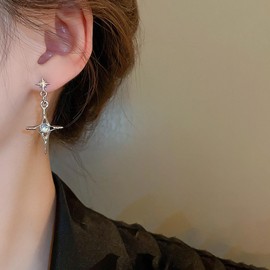 Inilbran Boho Cross Star Earrings Silver Star Cross Drop Earrings Vintage Crystal Star Dangle Earrings Minimalist Moon Star Earrings Jewellery for Women and Girls, Zinc, No Gemstone