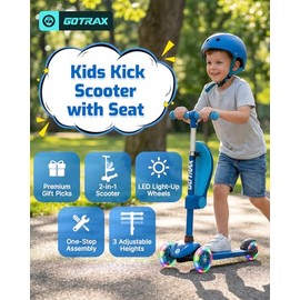 Gotrax KS3 Kids Kick Scooter, LED Lighted Wheels, Adjustable Height Handlebars and Removable Seat, Lean-to-Steer & Widen Anti-Slip Deck, 3 Wheel Scooter for Kids Ages 2-8 and up to 110 Lbs