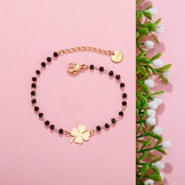 PengJin Lucky four leaf clover charm bracelet, stainless steel, with black beads, simple lucky charm bracelet