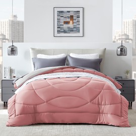 SLEEP ZONE King Size Comforter Duvet Insert, Down Alternative Reversible Comforter, Lightweight, Soft and Breathable Bedding All Season, A Side Pink + B Side Grey