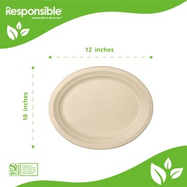 Responsible Products 12 x 10 inch Oval Platters I Tree-Less™ Compostable Molded Fiber Oval Plates I Extra Strength I No Added PFAS I Natural Brown (50 Count)