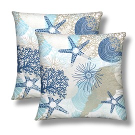 NOCTILYRA Nautical Coastal Throw Pillow Covers 18x18 Set of 2 Beach Ocean Themed Short Plush Pillows Case Starfish Seashell Square Cushion Cover Decorative Pillowcases for Couch Bed