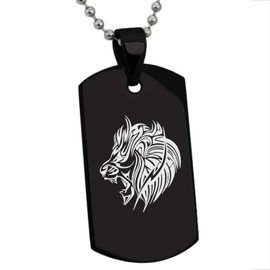 Black Stainless Steel Tribal Lion Dog Tag Pendant Necklace