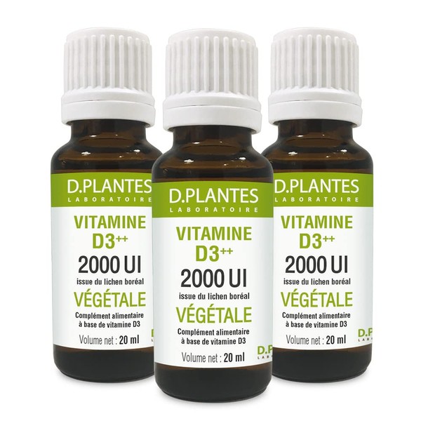 D.PLANTES - Vitamine D3 2000 UI - Complément Alimentaire - Immunité, Ossature Normale - Boost en Vit. D - Origine Végétale - Certifiée Vegan- 3 x 20 ml