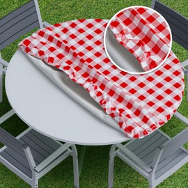 Sorfey Tablecover -Fitted with Elastic, Vinyl with Flannel Back, Fits for Table 40" Up-to 44" Round Stretchable Conveniently,Water Proof, Easy to Clean, Checked Red Design