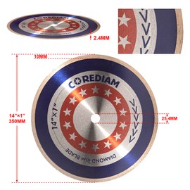 COREDIAM 14 Inch Diamond Blade, Continuous Rim Diamond Saw Blade with 10mm Segment Height for Tile Saw Machine, Cutting Porcelain and Ceramic Tile, Marble, Wet Cutting, 1" Arbor