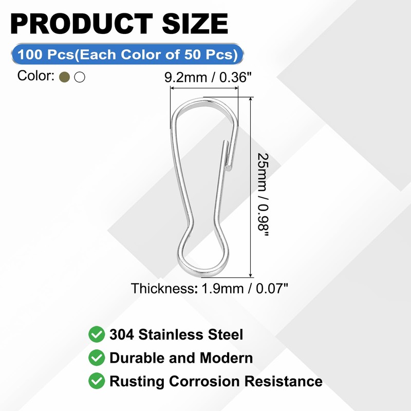 PATIKIL 100pcs 25x9.2x1.9mm Stainless Steel 304 Spring Snap Hook Metal