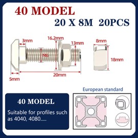 20 Sets T Bolt Kit, Hammer Head T-Bolt set, Contains T-shaped stud and M5 Flange Nut, Applies to 40 Series European Standard Aluminum Profile (40 Series M8)