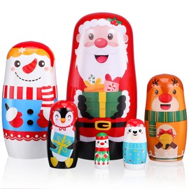 DEARMAMY Pack of 6 Russian Wooden Nesting Dolls, Handmade Matryoshka Dolls for Children, Cute Cartoon Nesting Dolls for Children, Snowman, Santa Claus Theme, Christmas Toy