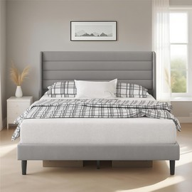 PUNICE Modern Queen Size Platform Bed Frame – Upholstered Chenille Fabric, Winged Headboard, Sturdy Wooden Slat Support, No Box Spring Required, Easy Assembly, Noise-Free, 41.73" Tall (Grey, Queen)