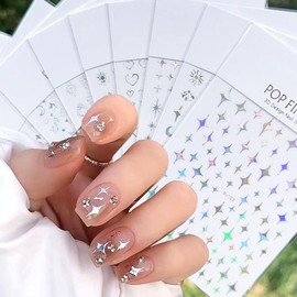 10PCS Silver Nail Stickers for Metallic Nail Art Decals, 3D Glitter Shiny Laser Silver Star Moon Sun Heart Self-Adhesive Sticker Nail Designs Stars Nail Stickers for Nails DIY Nail Tip Manicure Decor