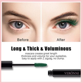 Green Mascara Waterproof,4D Fiber Mascara,Smudge-Proof Mascara,Mascara Green Volume and Length,Lengthening Mascara Green,Highly Pigmented Coloured Mascara,Eyelash Mascara with False Lash Effect